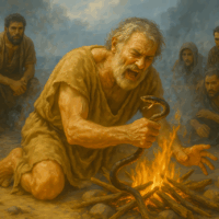 apostle, snake, poison, pablo, wood fire, fire, bible, generated by ai