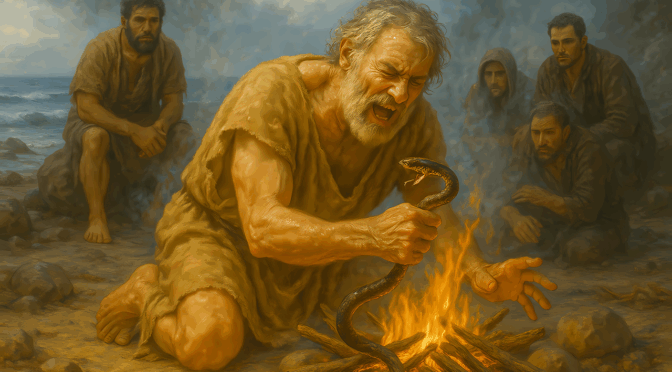 apostle, snake, poison, pablo, wood fire, fire, bible, generated by ai